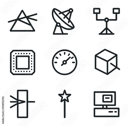 Astrophysics Instrument Icons. Outline icon set of astrophysics instruments: spectrometer prism, radio telescope dish,