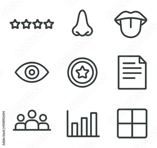 Beer Tasting Icons. Outline icon set of beer tasting scorecards: rating stars, aroma nose icon, taste buds, mouthfeel tongue,