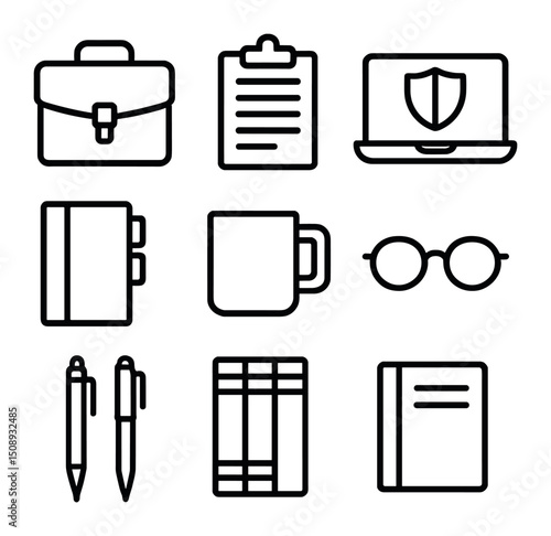 Attorney's Workstation Icons. Outline icon set of defense attorney’s workstation: briefcase, legal pads, laptop screen, case files