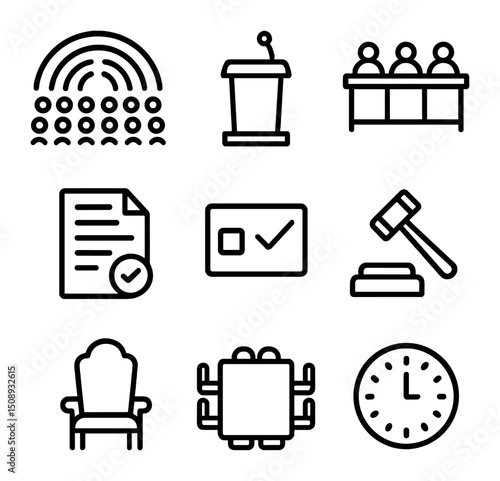 Bicameral Legislature Icons. Outline icon set of bicameral legislature: upper chamber seats, lower chamber podium, joint session