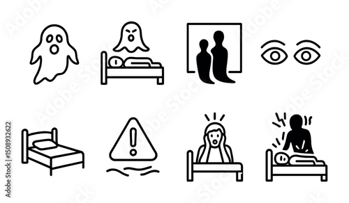 Sleep disruption and nightmares illustrated through ghost and bed icons