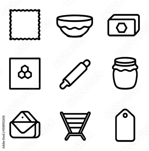 Beeswax Wrap Icon Set. Outline icon set of beeswax wrap storage: wrap sheet, baked bowl, beeswax block, fabric pattern, rolling
