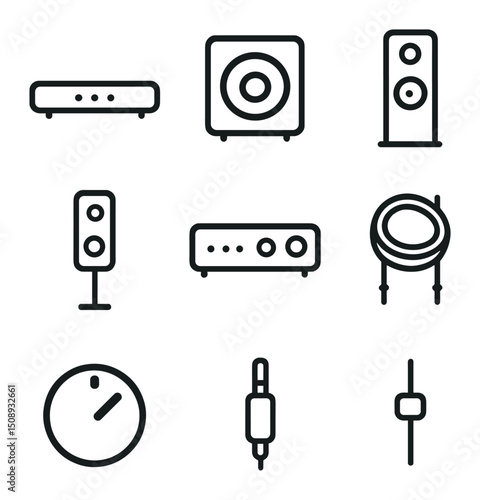Audio Icon Set. Outline icon set of audio equipment essentials: soundbar, subwoofer, floor-standing speaker, satellite speaker, AV