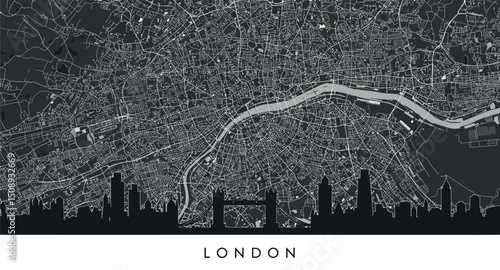 Black and white london map with city skyline silhouette. Vector illustration
