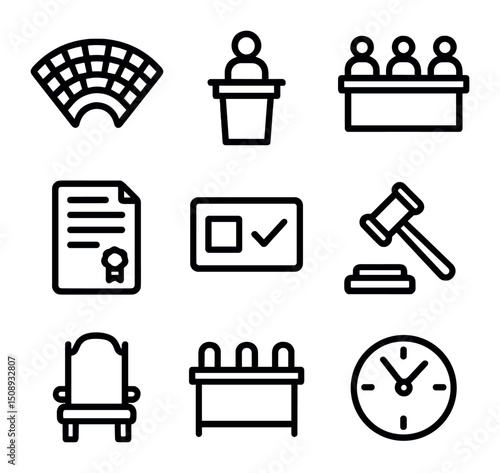 Bicameral Legislature Icons. Outline icon set of bicameral legislature: upper chamber seats, lower chamber podium, joint session