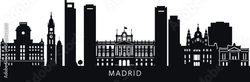 Madrid skyline silhouette highlighting historic and modern landmarks. Vector illustration