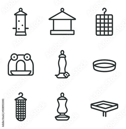 Bird Feeder Icons. Outline icon set of bird feeders & stations: tube feeder, platform feeder, suet feeder, window feeder,