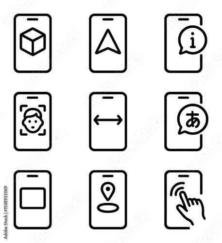 Augmented Reality Icons. Outline icon set of augmented reality features: 3D object overlay, navigation arrow, information tag,