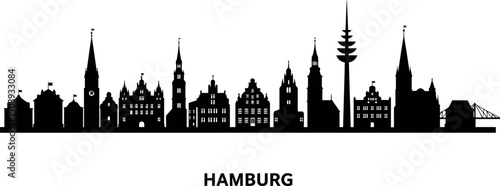 Hamburg city skyline silhouette - iconic landmarks and tower in black and white for design use. Vector illustration