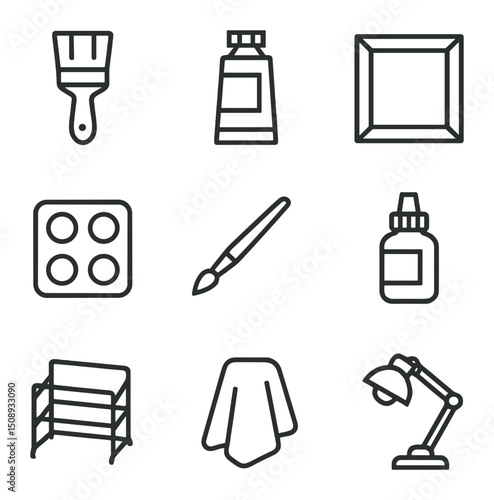 Acrylic Painting Essentials Icons. Outline icon set of acrylic painting essentials: flat brush,