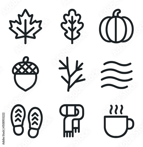 Autumn Icons Set. Outline icon set of autumn leaf-strewn path: maple leaf, oak leaf, pumpkin, acorn, bare branch, misty fog, boots