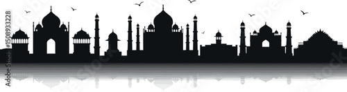 Black and white indian skyline silhouette with iconic landmarks and birds. Vector illustration