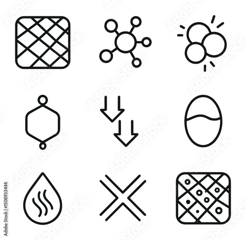 Blood Clotting Icons. Outline icon set of blood coagulation cascade: fibrin mesh, thrombin icon, platelet plug, clotting factor