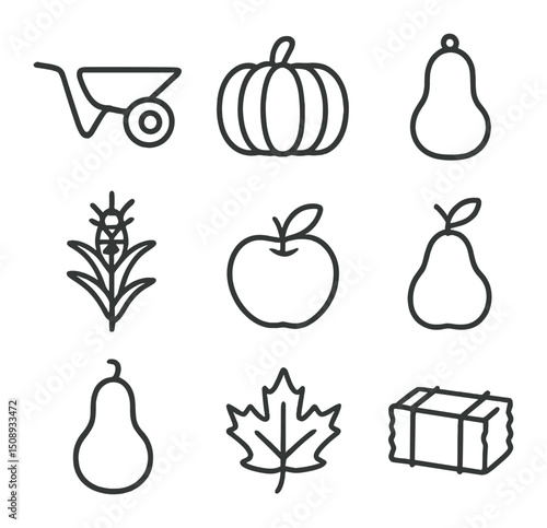 Autumn Harvest Icons. Outline icon set of seasonal autumn harvest cart: wheelbarrow, pumpkin, butternut squash, corn stalk, apple,