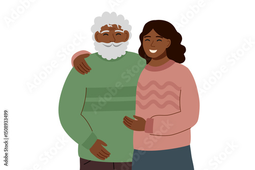 Family illustration clipart on white background. Elderly father and his daughter hug each other. Family concept, fathers day concept. Vector hand drawn illustration in flat style.