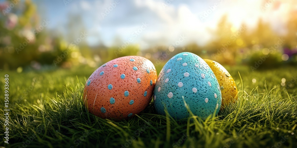 Colorful Easter eggs resting on vibrant green grass under a sunny sky in a cheerful spring setting Colorful Easter eggs resting on vibrant green grass under a sunny sky in a cheerful spring setting