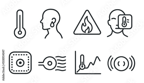 Temperature and heat symptoms with monitoring and analysis icons for medical design