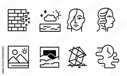 Minimalist line art icons depicting nature, weather, and time concepts