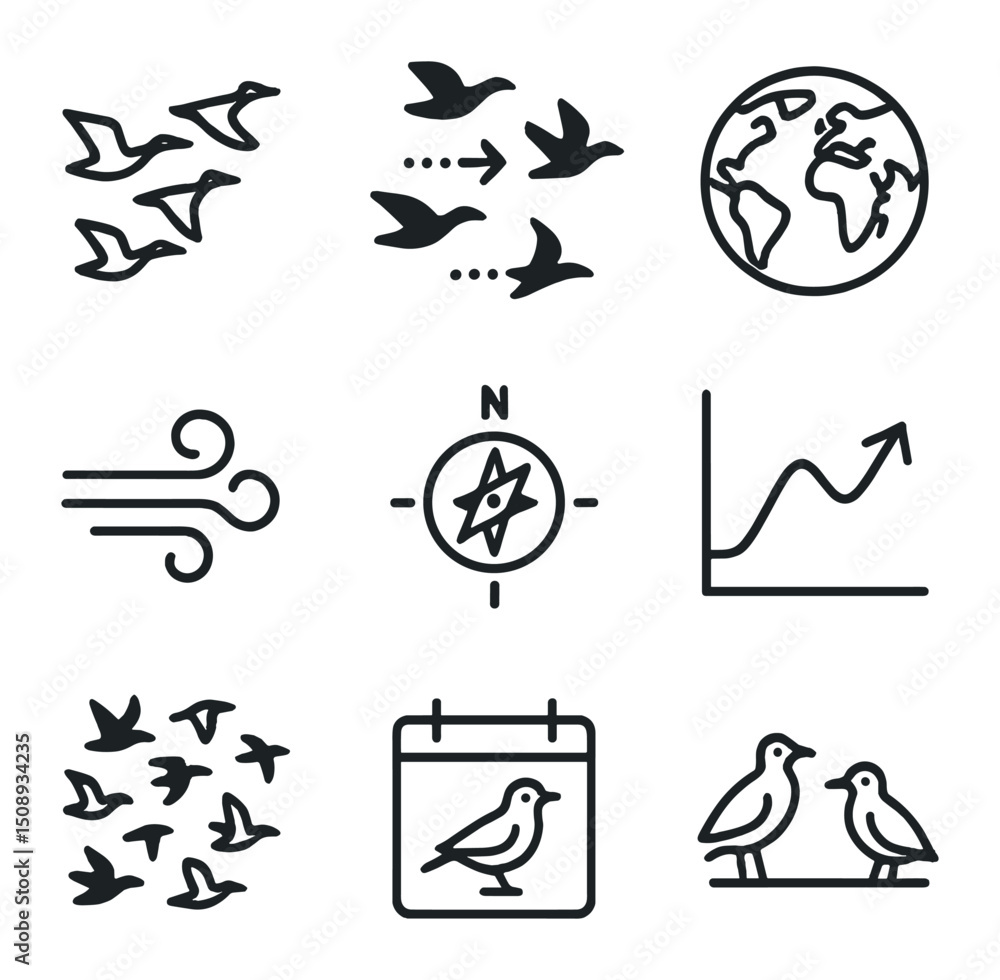 Bird Migration Icons. Outline icon set of bird migration patterns: V-formation geese, migration arrows, world map, compass, wind