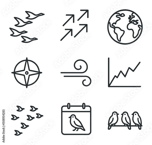 Bird Migration Icons. Outline icon set of bird migration patterns: V-formation geese, migration arrows, world map, compass, wind