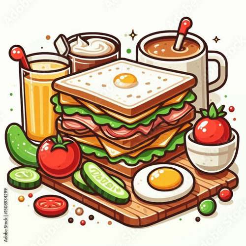 A breakfast stilllife with sandwich juice coffee egg  vegetables atop a wooden board