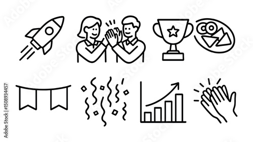 Teamwork celebration with rocket, trophy, snacks, and graph success elements