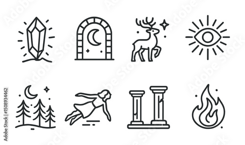 Mystical symbols collection featuring nature, magic, and celestial elements