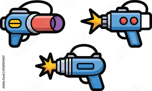 "Colorful cartoon futuristic ray guns set, sci-fi laser weapons collection, retro space blasters, toy blaster illustrations, vector icons"

flat vector illustration