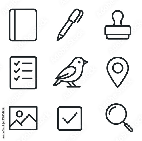 Birdwatching Icon Set. Outline icon set of birdwatching journal entries: notebook, pen, date stamp, checklist, bird sketch, GPS