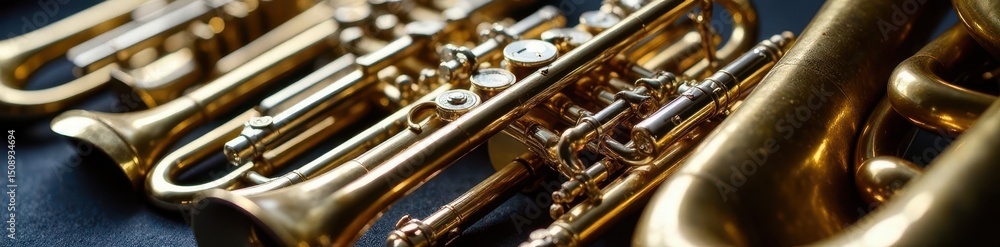 Naklejka premium Close-up view of various wind and brass instruments, neatly arranged , detail, musical, group