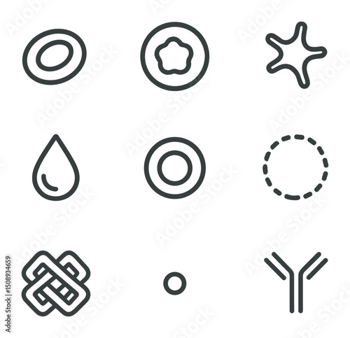 Blood Cell Icon Set. Outline icon set of blood cell components: red blood cell, white blood cell, platelet cluster, plasma droplet