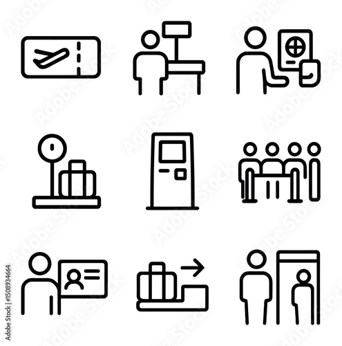 Airport Icon Set. Outline icon set of airport check-in: boarding pass, check-in counter, passport