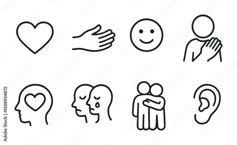Set of simple icons representing love, compassion, and empathy concepts Set of simple icons representing love, compassion, and empathy concepts