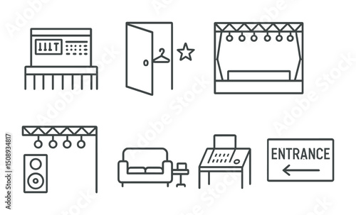 Minimalist icons of concert venue, stage equipment, and dressing room elements