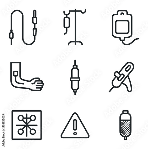 Blood Transfusion Icons. Outline icon set of blood transfusion kit: transfusion set, IV stand, donor bag, recipient arm, filter