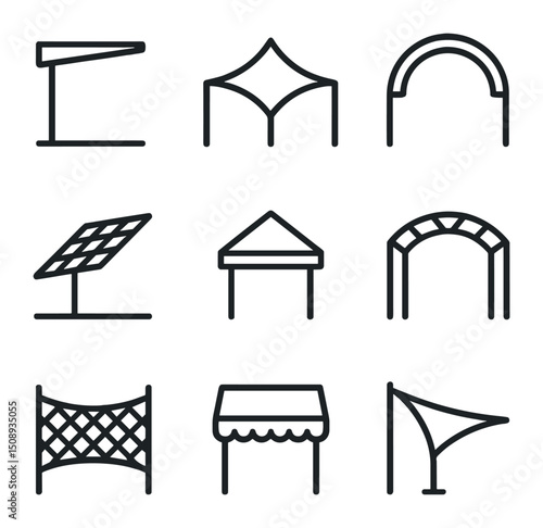 Architectural Shade Icons. Outline icon set of architectural shade structures: cantilever canopy,