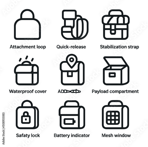 Drone Delivery Icon Set. Outline icon set of drone delivery cargo bag: attachment loop, quick-release clip, stabilization strap,