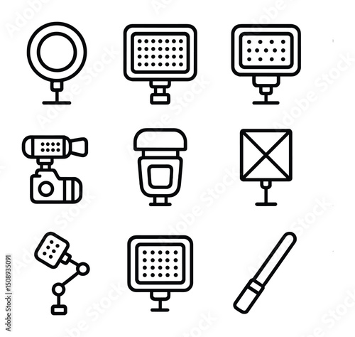Camera Light Icons. Outline icon set of on-camera soft lights: ring light, panel light, on-camera LED, shotgun light, hotshoe