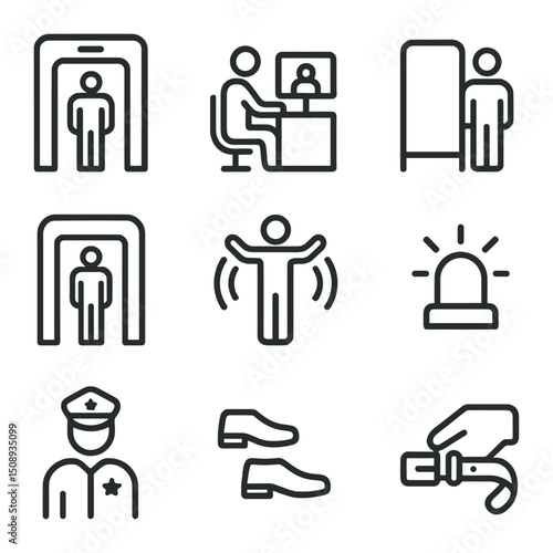 Body Scanner Icon Set. Outline icon set of body scanner procedures: scanner gantry, technician console, privacy screen, passenger
