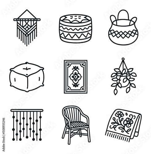 Bohemian Style Icons. Outline icon set of bohemian eclectic style: macramé wall hanging, patterned pouf, woven basket, floor
