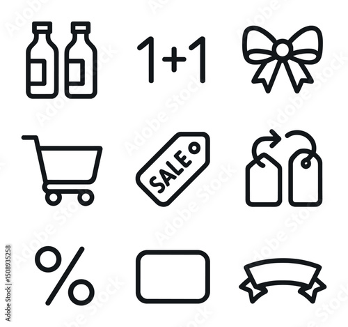 BOGO Offer Icons. Outline icon set of buy one get one offers: paired products, “1+1” text, gift bow, cart, sale tag, linking arrow
