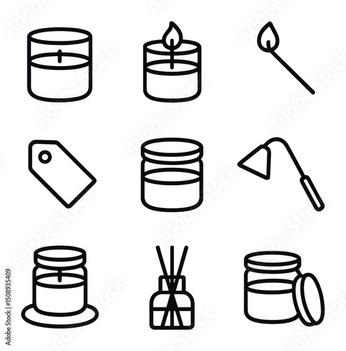 Candle Icon Set. Outline icon set of candle glass jars: wax fill, wick, flame, matchstick, label tag, lid, snuffer, heat-resistant