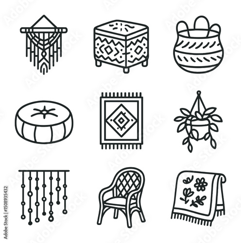 Bohemian Style Icons. Outline icon set of bohemian eclectic style: macramé wall hanging, patterned pouf, woven basket, floor
