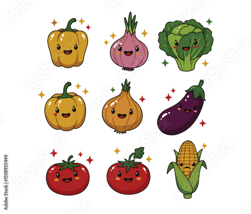Adorable Cartoon Vegetables Bell Pepper, Onion, Broccoli, Eggplant, Tomato, Corn Illustration