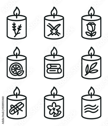 Candle Icon Collection. Outline icon set of scented candle varieties: lavender candle, vanilla bean candle, rose petal candle,
