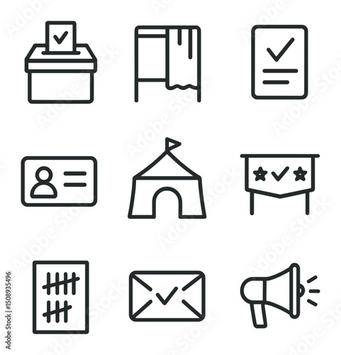 Electoral Process Icons. Outline icon set of electoral process: ballot box, voting booth, checkmark ballot, voter ID card, polling