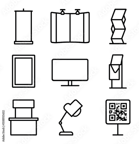 Event Display Icons. Outline icon set of display materials: roll-up banner, pop-up wall, literature stand, poster frame, digital