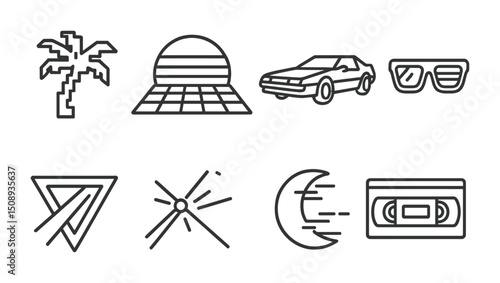 Retro 80s icons: palm tree, sunset, car, sunglasses, and cassette tape elements