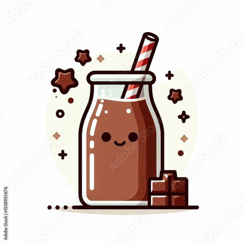 A cartoon of a chocolate milk bottle with a cute face alongside a striped straw and chocolate squares