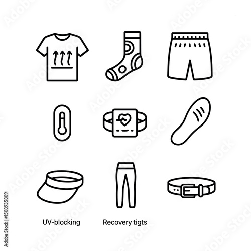 Athletic Wear Icons Set. Outline icon set of performance-enhancing athletic wear: moisture-wicking